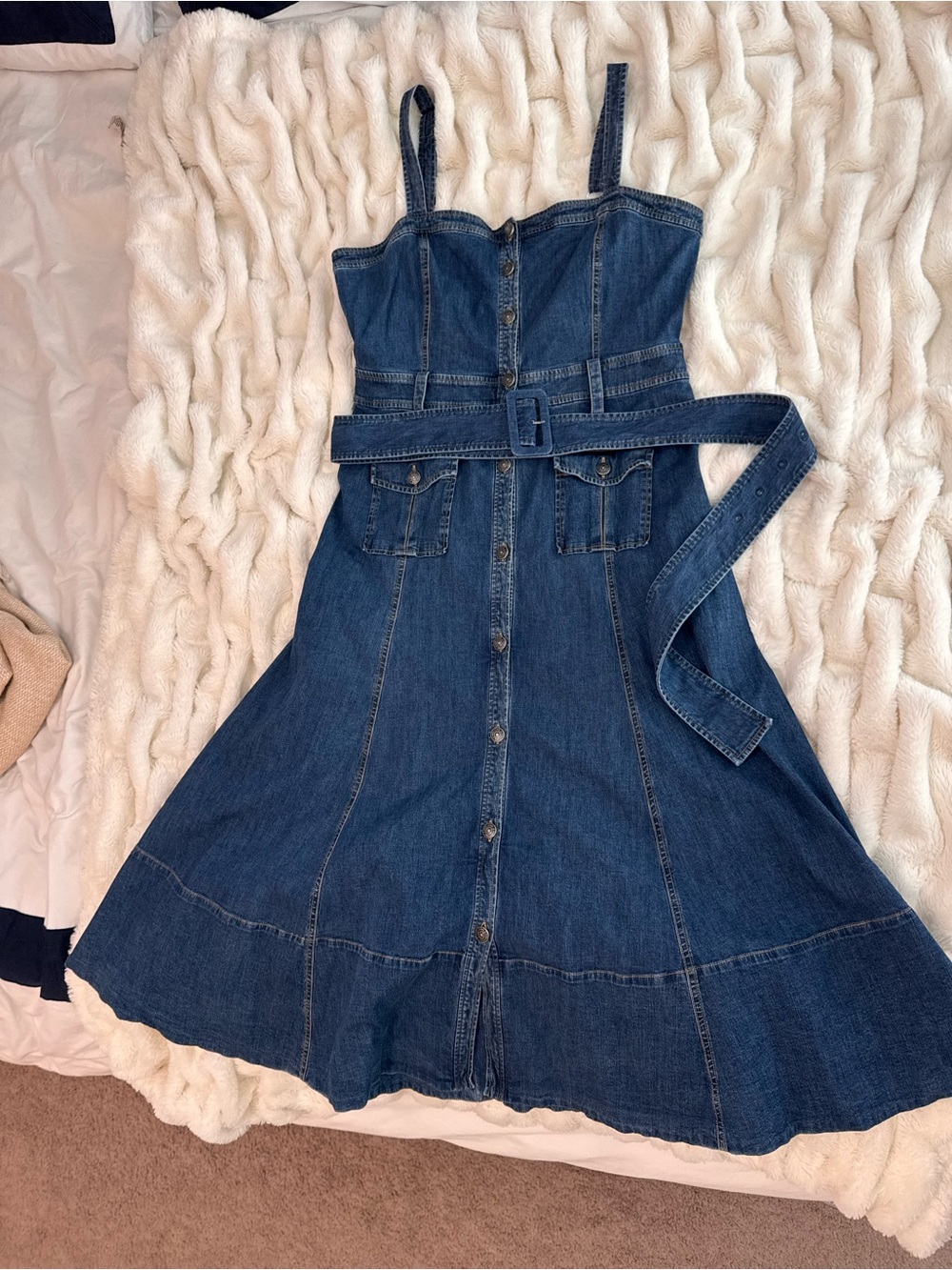 cinq a sept Dark Blue Denim Midi Dress with Belt - Picture 5 of 6